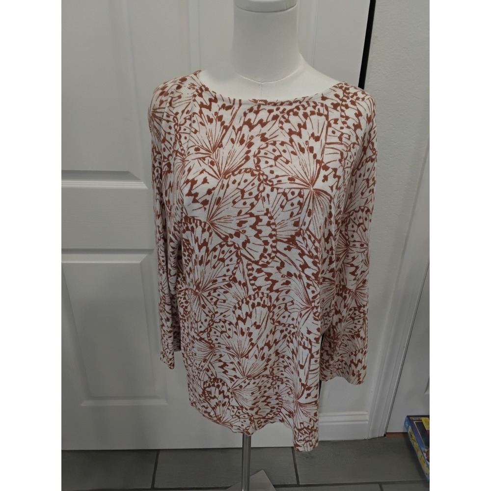 J.Jill Butterfly Print Knit Sweater‎ Small Rust Cream Boat Neck Cotton Rayon